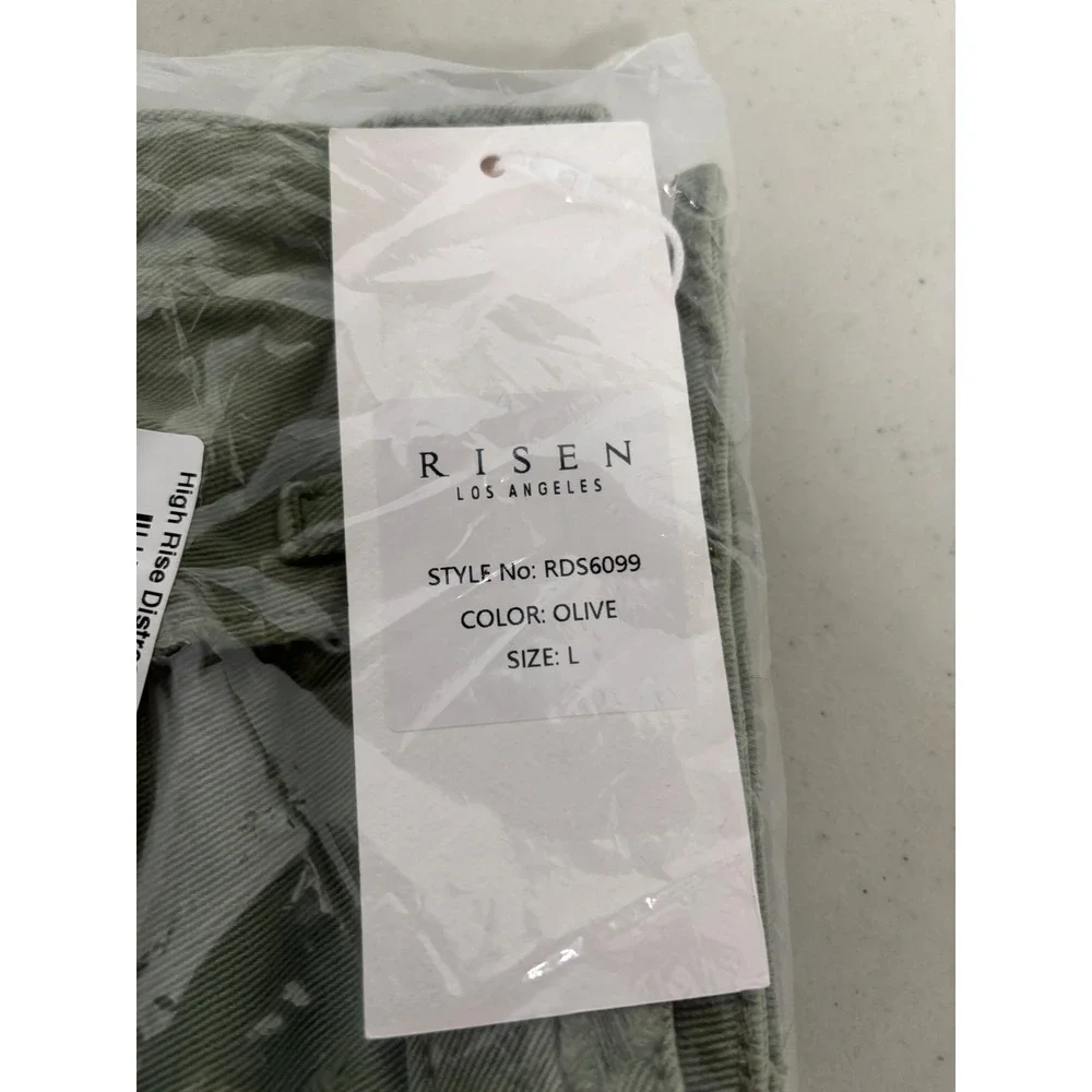 Risen Los Angeles High Rise Distressed Denim Shorts‎ Olive Green Large NWT - Picture 2 of 3